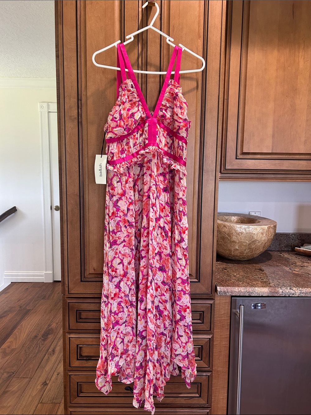 ba&sh Fuchsia and Coral Floral Tiered Maxi Dress